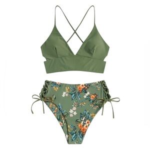 Zaful Olive Green Floral Bikini Set NWT
